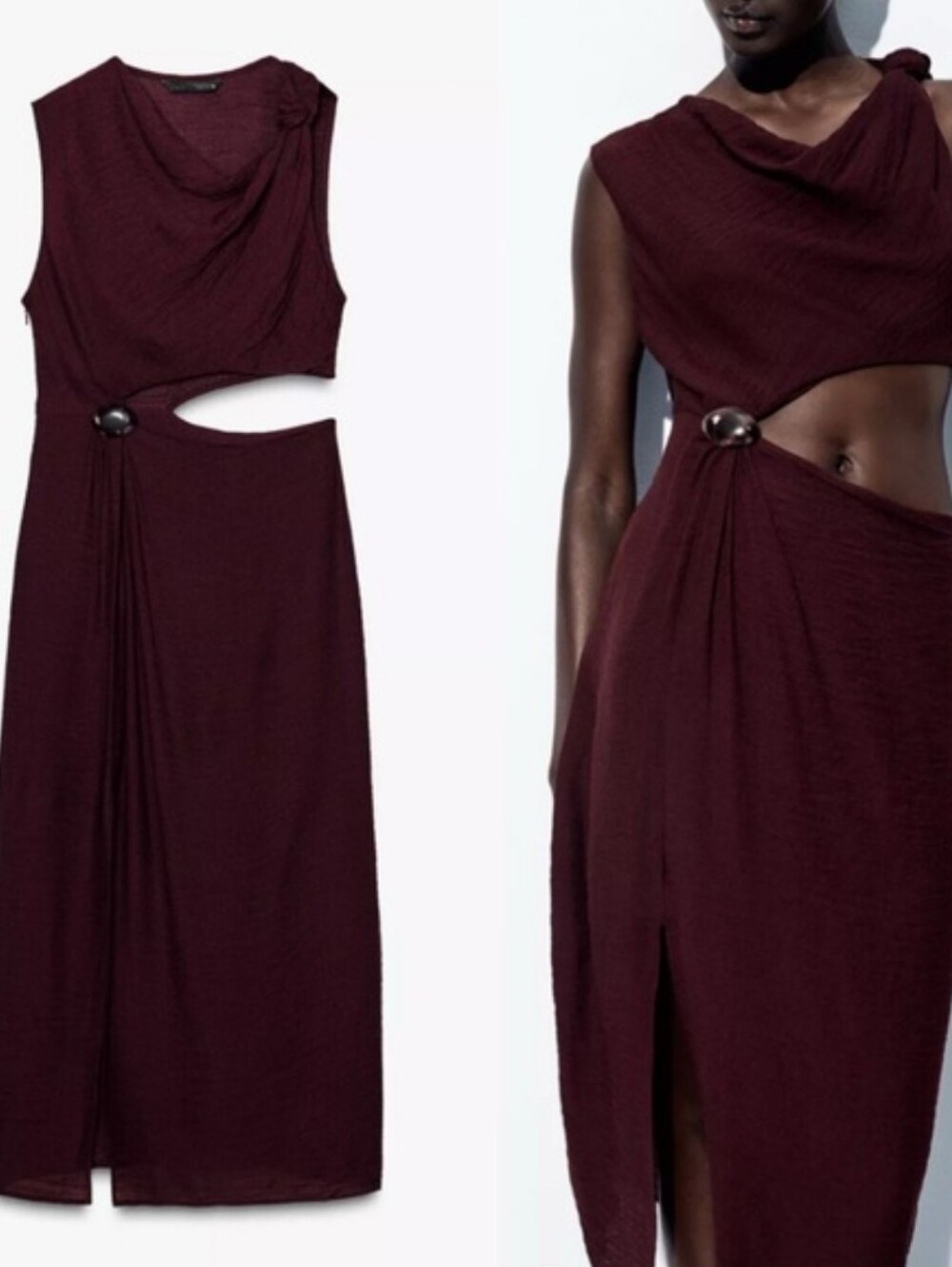 Zara Burgundy Asymmetrical Cutout Midi Dress with Gold Accent
